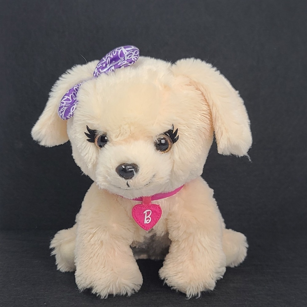 Mattel Barbie Plush Puppy Toy Purple Bow Kiss Care Pet Vet Barking Beige 10"
